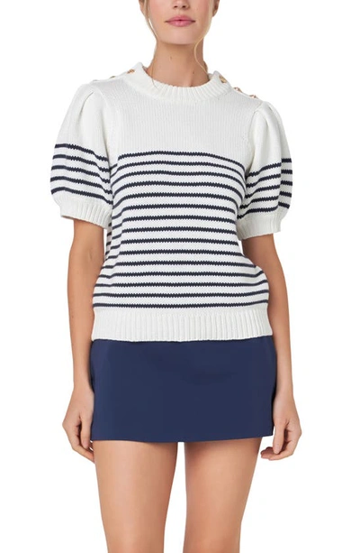 English Factory Stripe Short Sleeve Cotton Sweater In White/ Navy