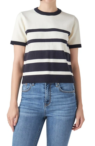 English Factory Women's Stripe Short Sleeve Knit Top In Ivory/navy