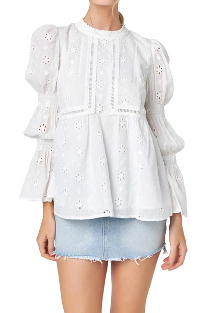 English Factory Eyelet Long Sleeve Cotton Top In White