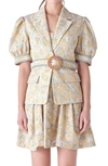 English Factory Floral Embroidered Puff Sleeve Blazer In Tan Multi