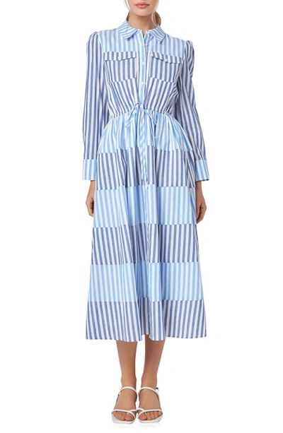 English Factory Stripe Block Tie Waist Long Sleeve Midi Dress In Blue