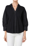 English Factory V-neck Balloon Sleeve Button-up Shirt In Black