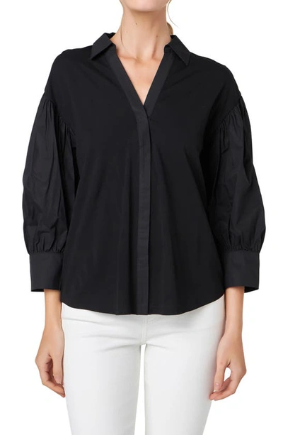 English Factory V-neck Balloon Sleeve Button-up Shirt In Black