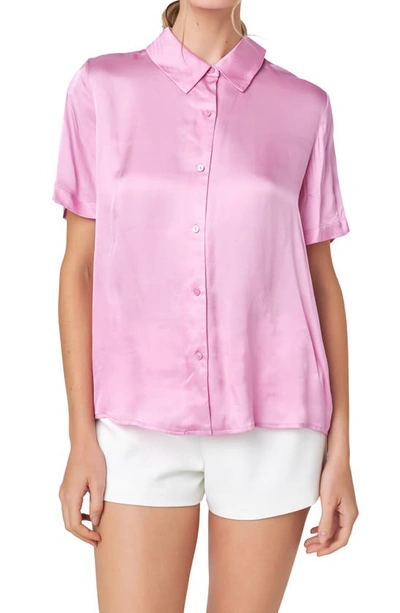 English Factory Plus Size Satin Short Sleeve Shirt In Pink