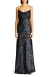 Halston Syrena Cowl-neck Wave Sequin Gown In Black/ Navy