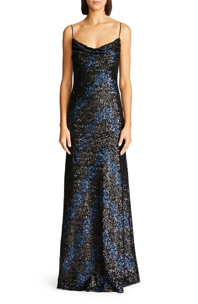 Halston Syrena Cowl-neck Wave Sequin Gown In Black
