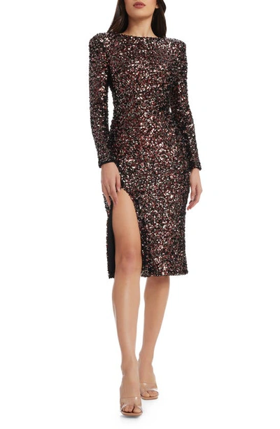 Dress The Population Natalie Sequin Long Sleeve Sheath Dress In Gunmetal Multi