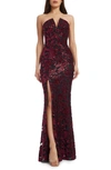 Dress The Population Fernanda Floral Sequin Strapless Evening Gown In Burgundy Black