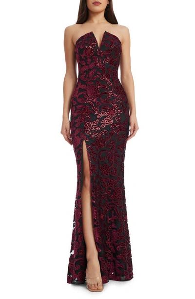 Dress The Population Fernanda Floral Sequin Strapless Evening Gown In Burgundy Black