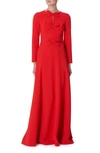 CAROLINA HERRERA PLEATED TRIPLE BOW CUTOUT LONG SLEEVE GOWN