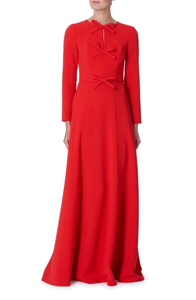 CAROLINA HERRERA PLEATED TRIPLE BOW CUTOUT LONG SLEEVE GOWN