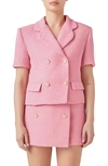 Endless Rose Women's Tweed Round Collar Double Breast Short Sleeve Blazer In Baby Pink