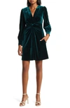 Vince Camuto Twist Front Long Sleeve Velvet Fit & Flare Dress In Hunter