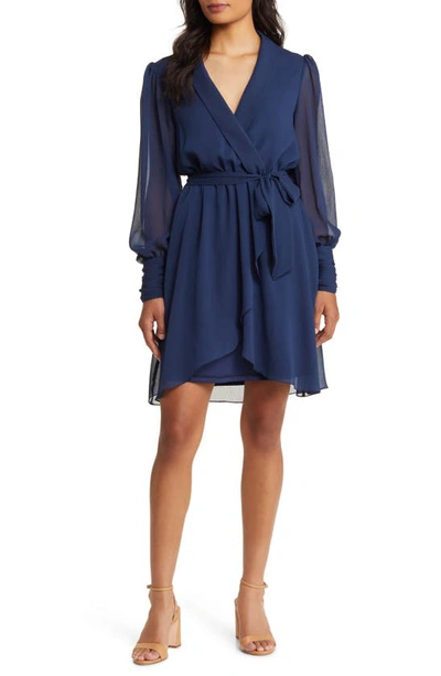 Julia Jordan Long Sleeve Chiffon Faux Wrap Dress In Navy