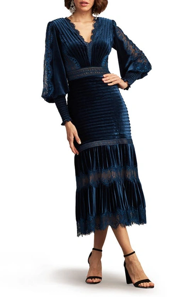 Tadashi Shoji Pleated Bishop-sleeve Velvet Midi Dress In Multi