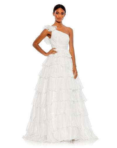 Mac Duggal One Shoulder Ruffle Tiered Ballgown In White