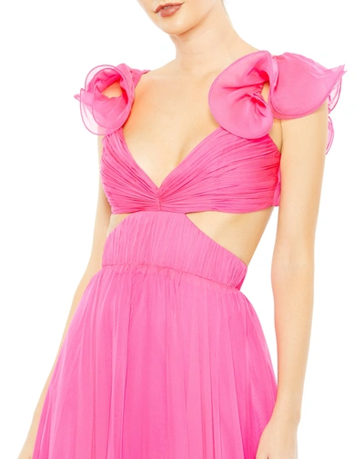 Mac Duggal Ruched Ruffled Shoulder Cut Out Lace Up Gown In Hot Pink