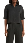 Barefoot Dreams Dream Washed Satin Button-up Pajama Shirt In Black