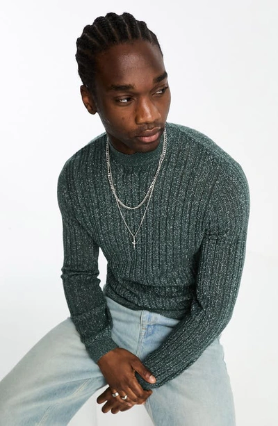 Asos Design Knitted Sweater With Turtle Neck In Green Pointelle