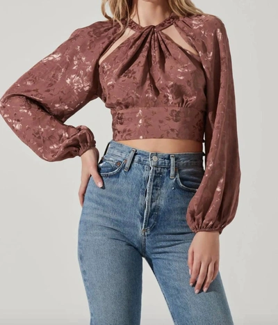 Astr Betsy Floral Cutout Long Sleeve Top In Brown Jacquard