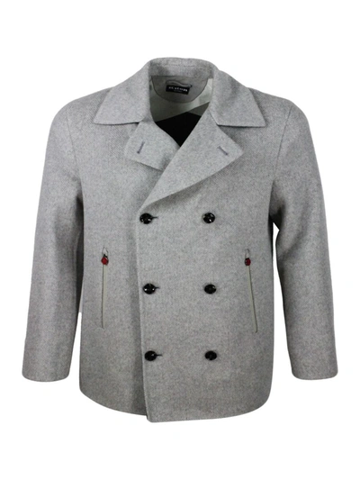 Kiton Unlined Double-breasted Peacot Jacket In Pure And Soft Herringbone Cashmere And With Suede Finish In Grey