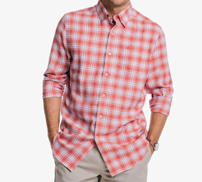 Southern Tide Men's Beach Flannel Heather Howland Plaid Sport Shirt In Heather Dusty Coral In Multi