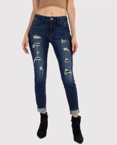 Kancan Mid Rise Distressed Ankle Skinny Jean In Dark Wash In Blue