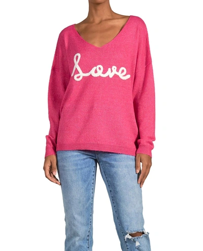Elan V-neck "love" Sweater In Fuschia In Pink