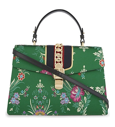 Gucci Sylvie Large Chain-embellished Jacquard And Leather Tote In Green