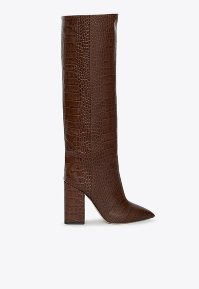 Paris Texas Anja 105 Knee-high Boots In Croc-embossed Leather In Brown