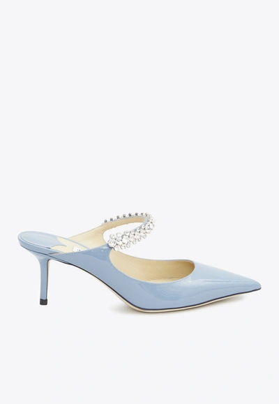 Jimmy Choo Bing 65 Patent Leather Mules With Crystal Strap In Light Blue