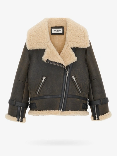 Saint Laurent Shearling And Leather Aviator Jacket In Brown