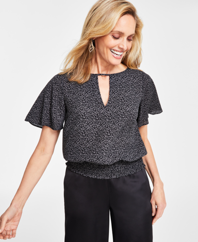 Inc International Concepts Women's Printed Smocked-hem Blouse, Created For Macy's In Spotted