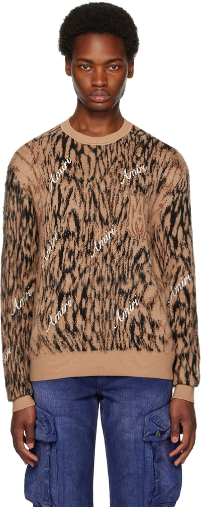 Amiri Logo Embroidered Cheetah Wool Sweater In Brown
