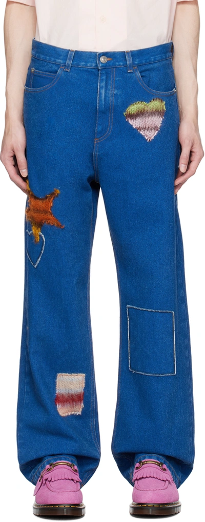 Marni Men's Heart Patch Topstitched Straight-leg Jeans In Blue