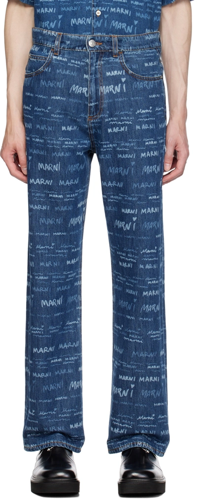 Marni Handwriting-print Straight Jeans In Blue