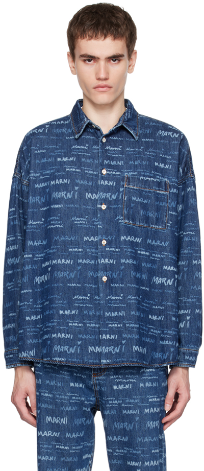 Marni Logo-print Long-sleeve Denim Shirt In Blue