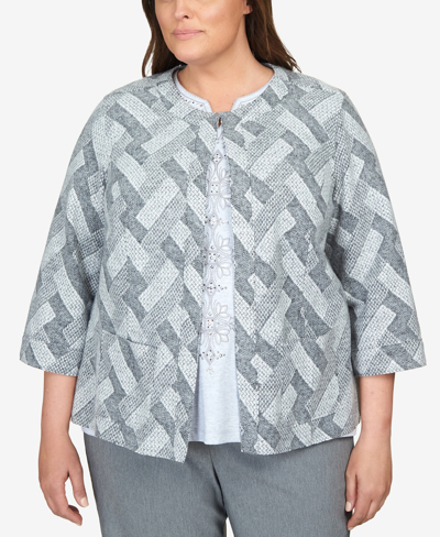 Alfred Dunner Plus Size Point Of View Geometrictexture Crew Neck Jacket In Pewter