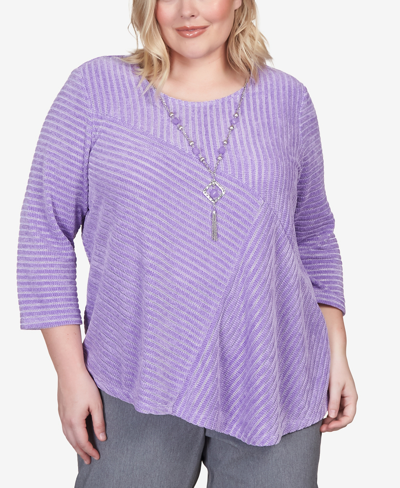 Alfred Dunner Plus Size Point Of View Solid Spliced Chenille Top With Necklace In Light Plum