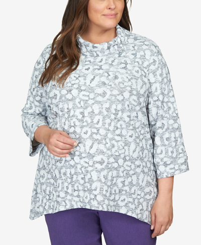 Alfred Dunner Plus Size Point Of View Animal Jacquard Cowl Neck Top In Light Pewter