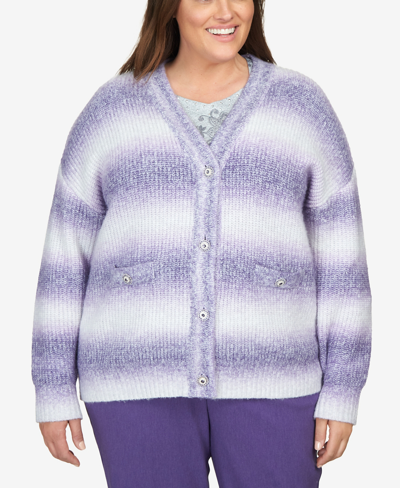 Alfred Dunner Plus Size Point Of View Ombre Cardigan With Flower Buttons Sweater In Plum
