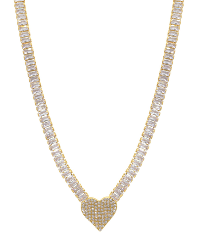 ADORNIA 17.5" BAGUETTE TENNIS NECKLACE 14K GOLD PLATED WITH PAVE HEART PENDANT