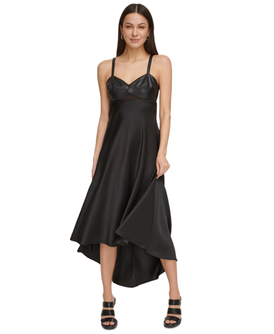 Dkny Women's Faux Leather Mixed-media High Low Slip Dress In Black