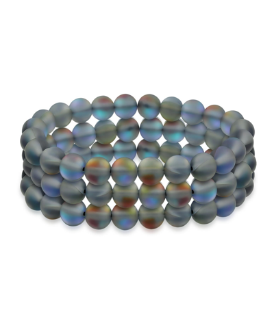 Bling Jewelry Set Of 3 Rainbow Iridescent Created Blue Moonstone Round Bead 8mm Stacking Strand Stretch Bracelet F In Created Blue Moonstone