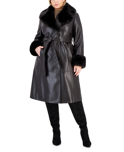 Via Spiga Women's Plus Size Faux-leather Faux-fur-trim Trench Coat In Espresso