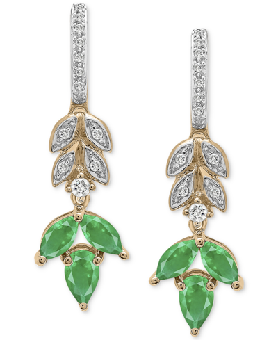 Macy's Emerald (1 Ct. T.w.) & Diamond (1/8 Ct. T.w.) Vine Motif Drop Earrings In 14k Gold
