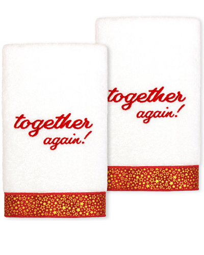 Linum Home Textiles Christmas Together Again Embroidered Turkish Cotton Hand Towels (set Of 2) In White
