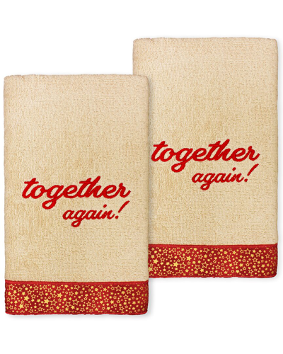 Linum Home Textiles Christmas Together Again Embroidered Turkish Cotton Hand Towels (set Of 2) In Sand