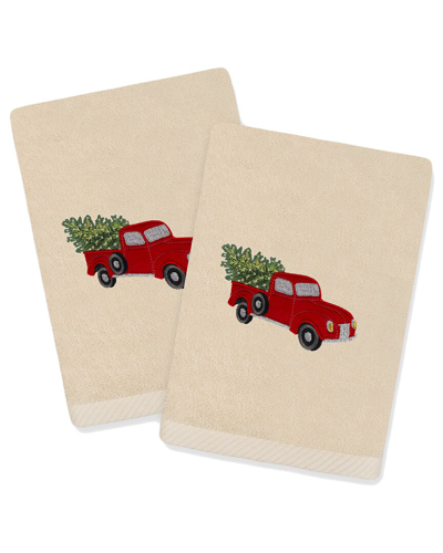 Linum Home Textiles Christmas Truck - Embroidered Luxury Set Of 2 Turkish Cotton Hand Towels In Beige