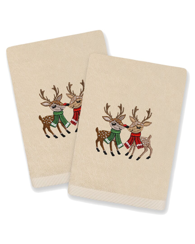 Linum Home Textiles Christmas Kisses - Embroidered Luxury Set Of 2 Turkish Cotton Hand Towels In Beige